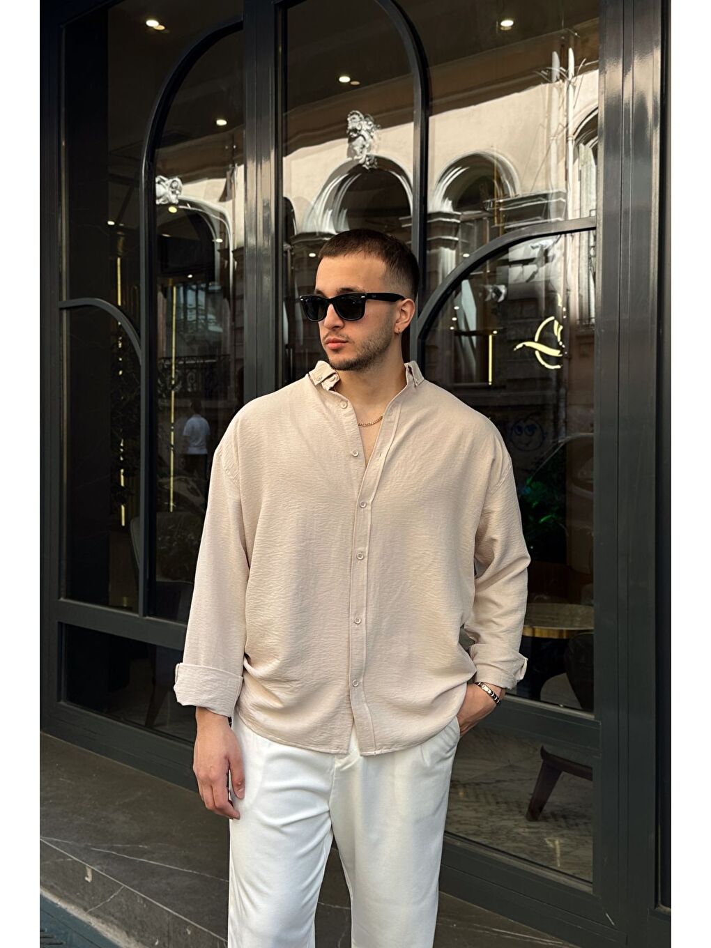 Bej Zoro Erkek Extra Soft Keten Görünümlü Gömlek Uzun Kollu, Hafif Dokulu