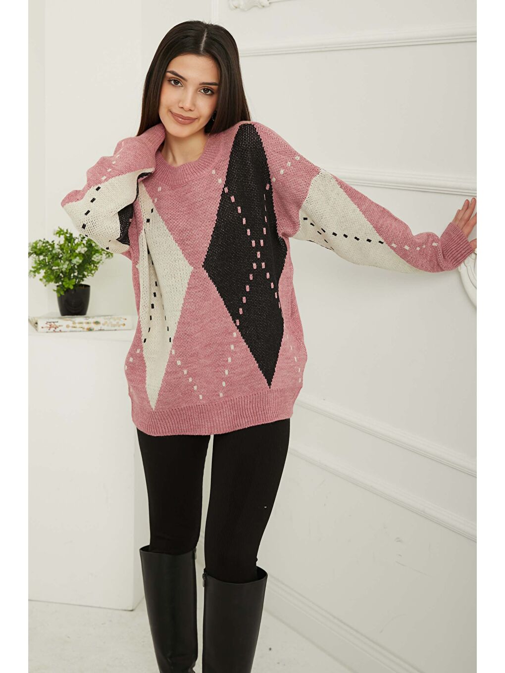 Baklava Desen Triko Kazak Beyaz Pembe - 27671-3