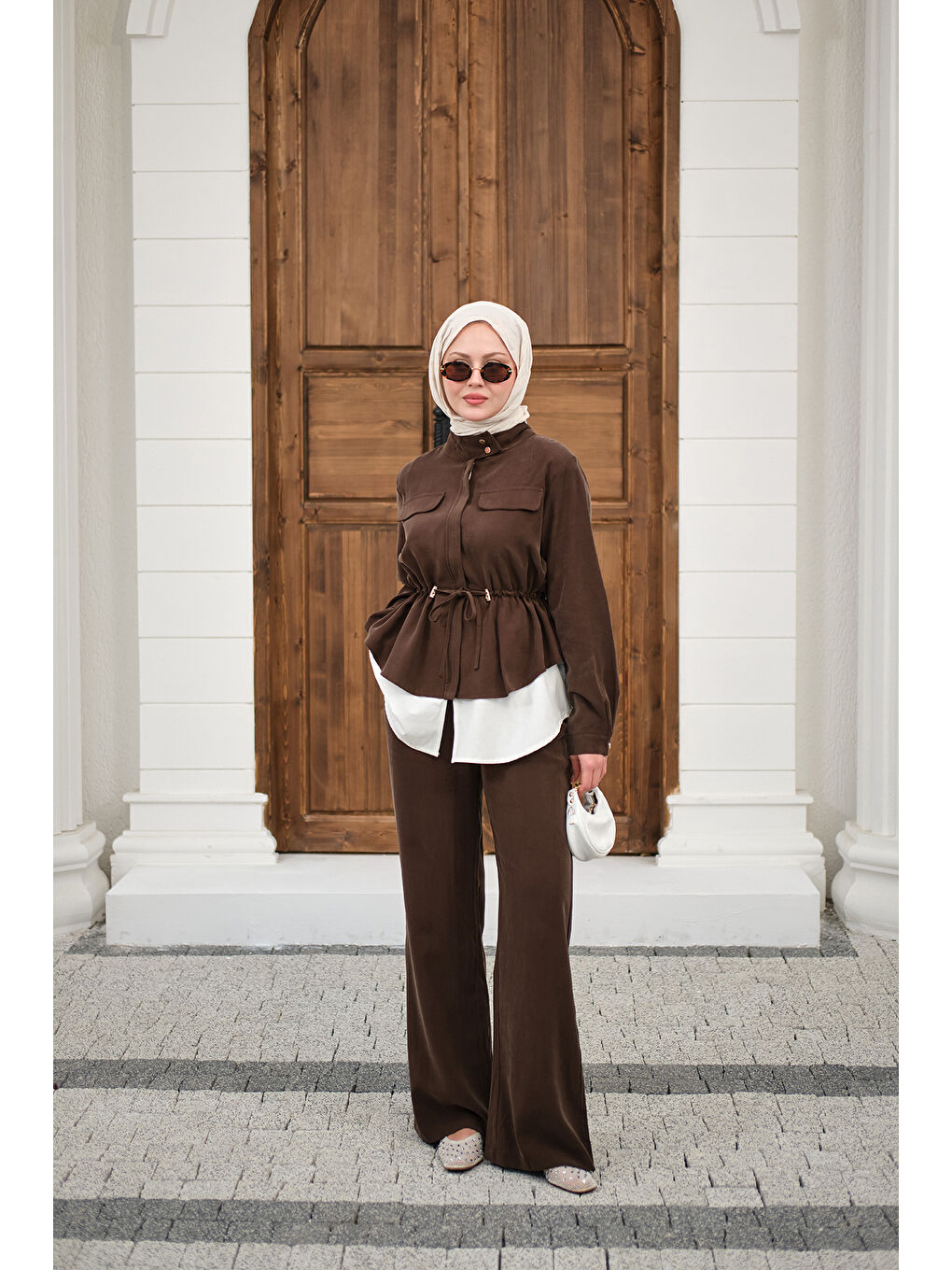 Kadın Çift Cep Detaylı Gizli Düğmeli Parçalı Takım Kahverengi-1