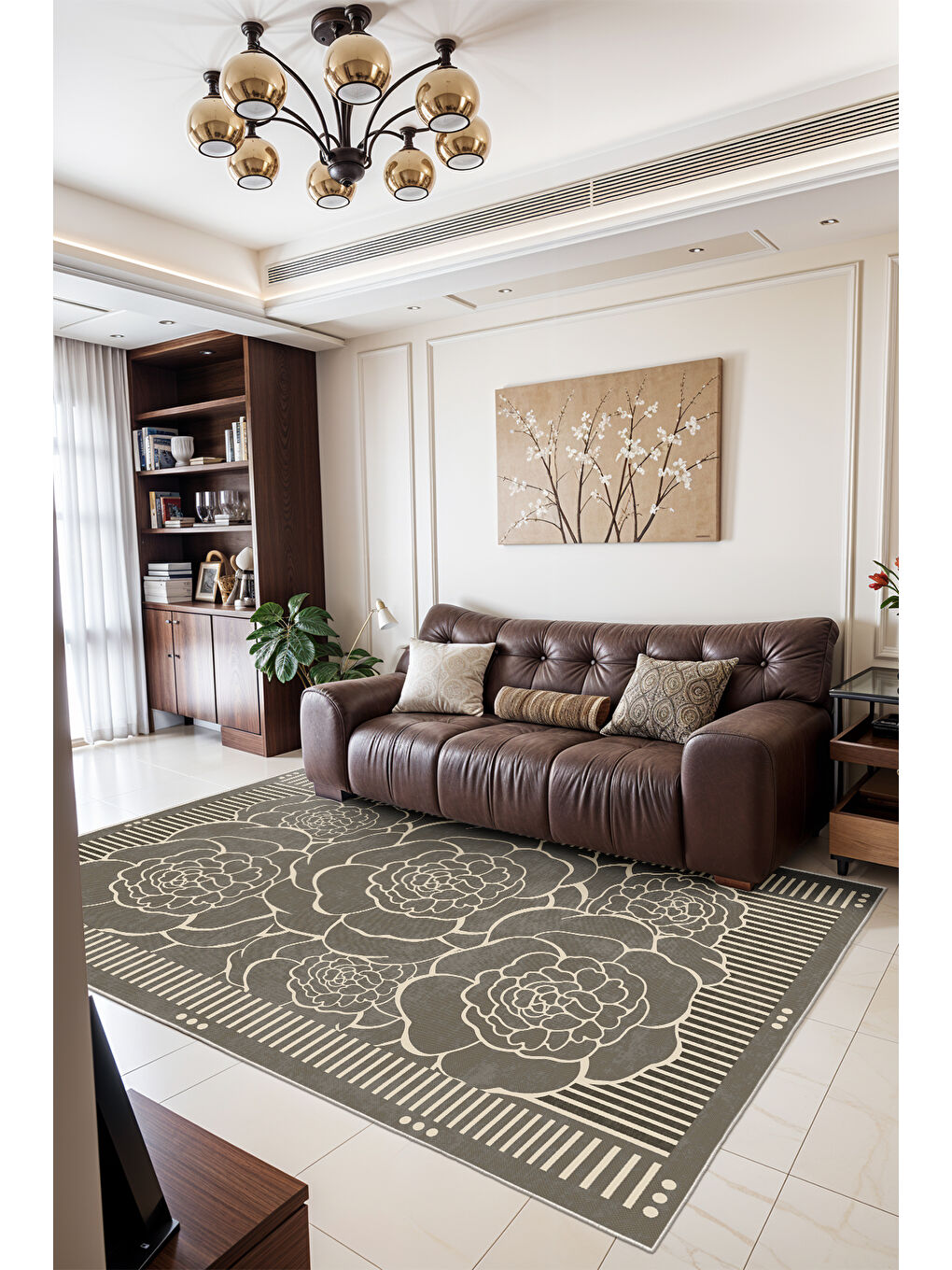 Kahverengi Dekoratif Salon Halısı, Makinada Yıkanabilir, Kaymaz Taban, İnce & Modern Tasarım-1