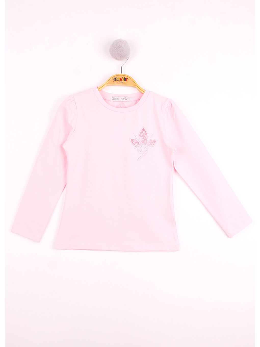 Pembe Kız Çocuk Göğsü Çiçek Nakışlı T-Shirt-2