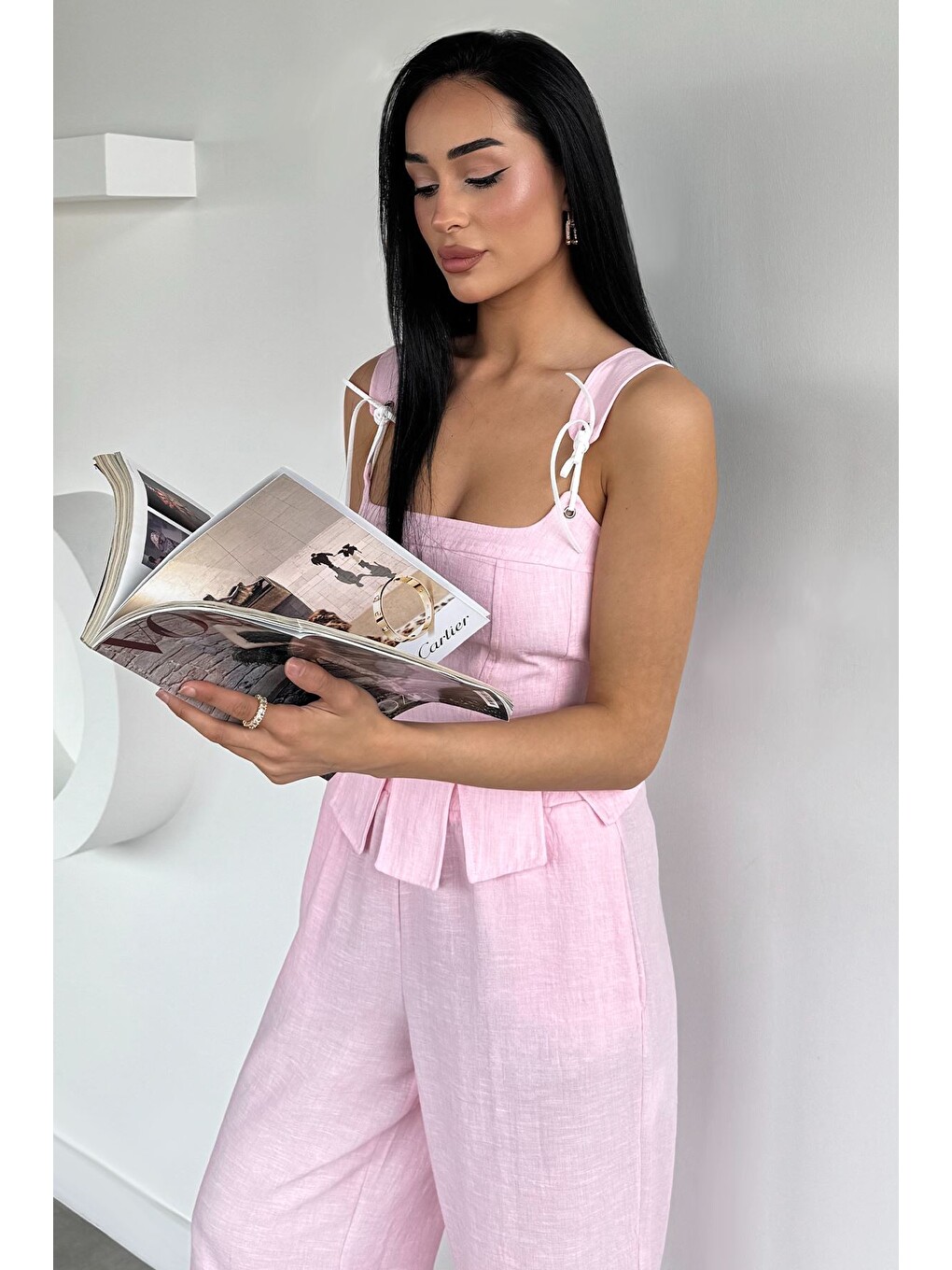 Pembe Kadın Kalın Askılı Sırt Fermuarlı Bluz Bel Lastikli Pantolon İkili Takım-1