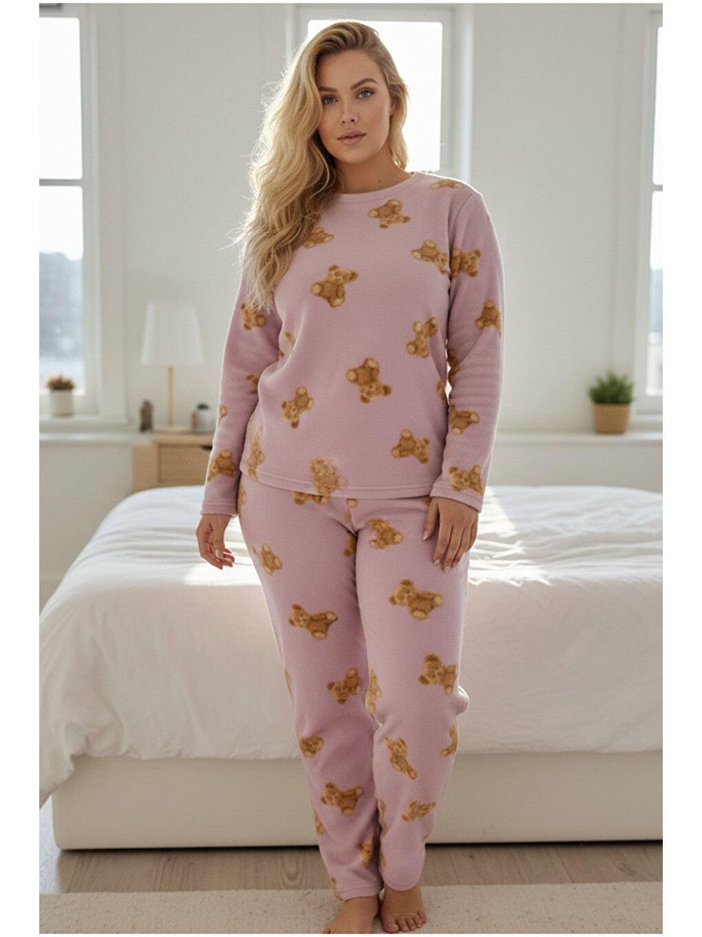 Pembe Ayıcık Desenli Büyük Beden Polar Kışlık Örme Pijama Takım-1