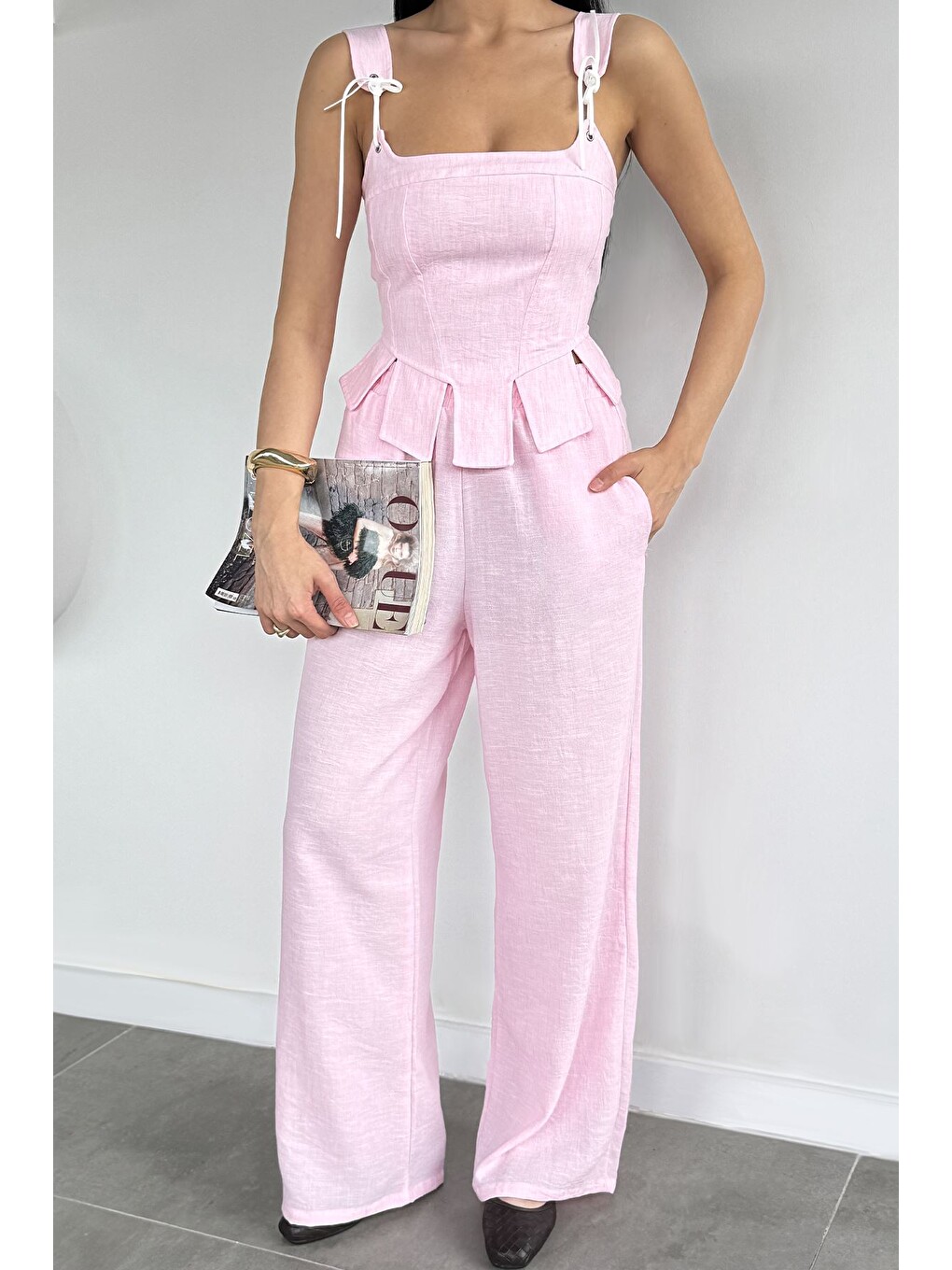 Pembe Kadın Kalın Askılı Sırt Fermuarlı Bluz Bel Lastikli Pantolon İkili Takım-2