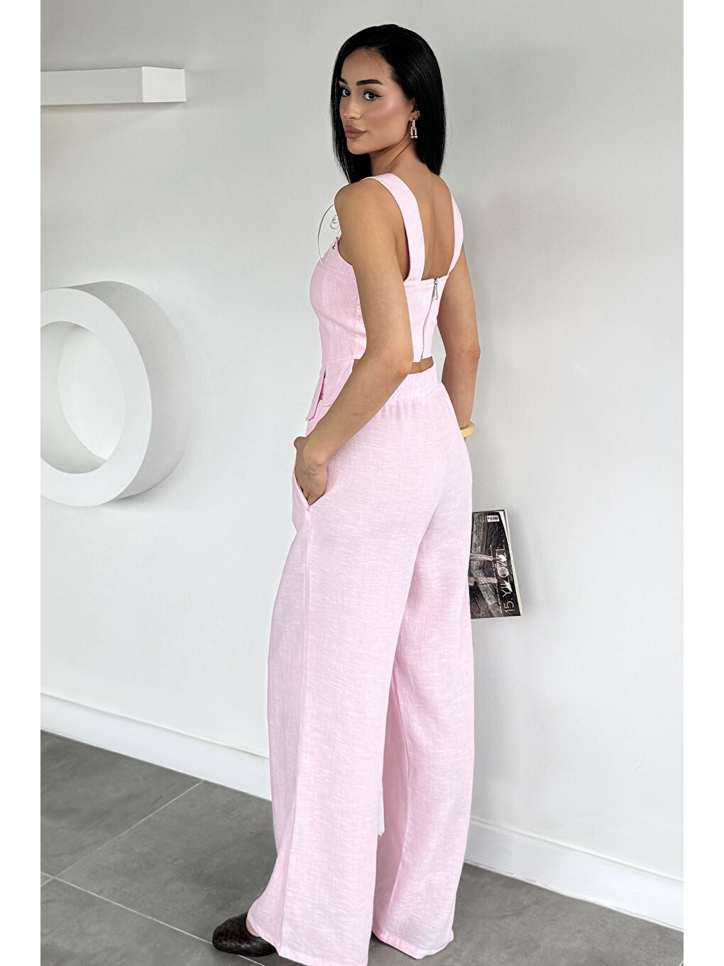 Pembe Kadın Kalın Askılı Sırt Fermuarlı Bluz Bel Lastikli Pantolon İkili Takım-3