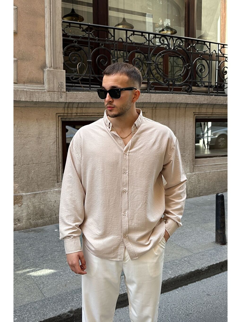 Bej Zoro Erkek Extra Soft Keten Görünümlü Gömlek Uzun Kollu, Hafif Dokulu-1