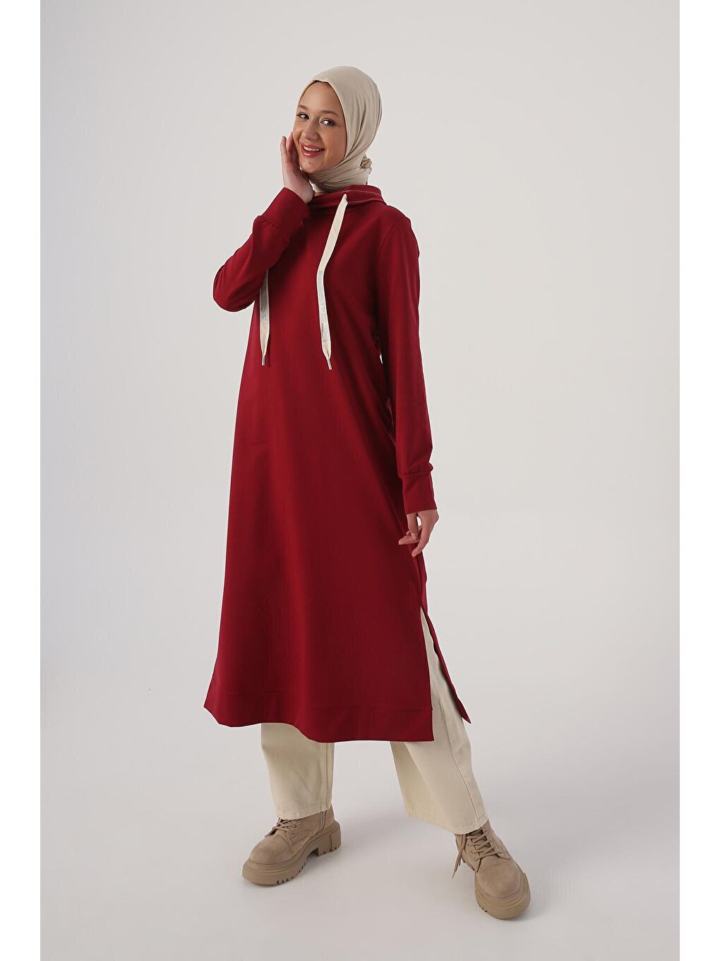 Koyu Bordo Yakası Sim Dikişli Kordonlu Sweat Tunik