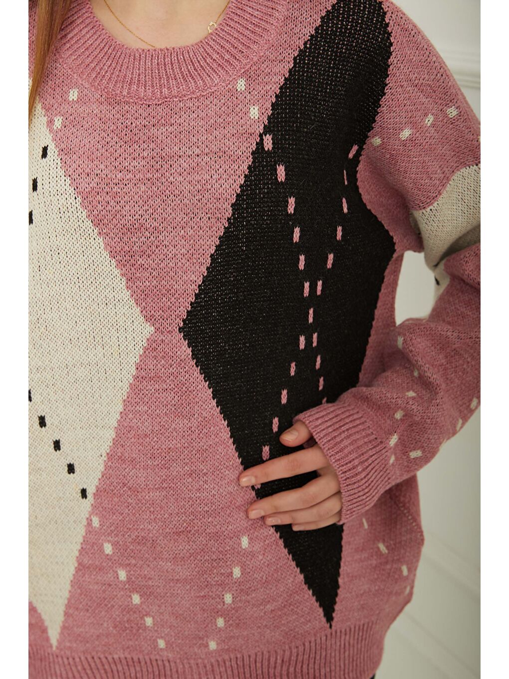 Baklava Desen Triko Kazak Beyaz Pembe - 27671-4