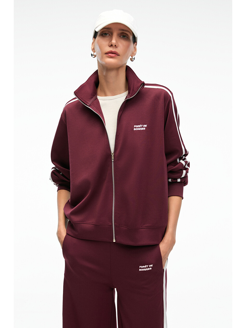Zınnıe Kadın Regular Nakış Ve Yan Şerit Detaylı Metal Fermuarlı Dik Yaka Bordo Sweatshirt-5