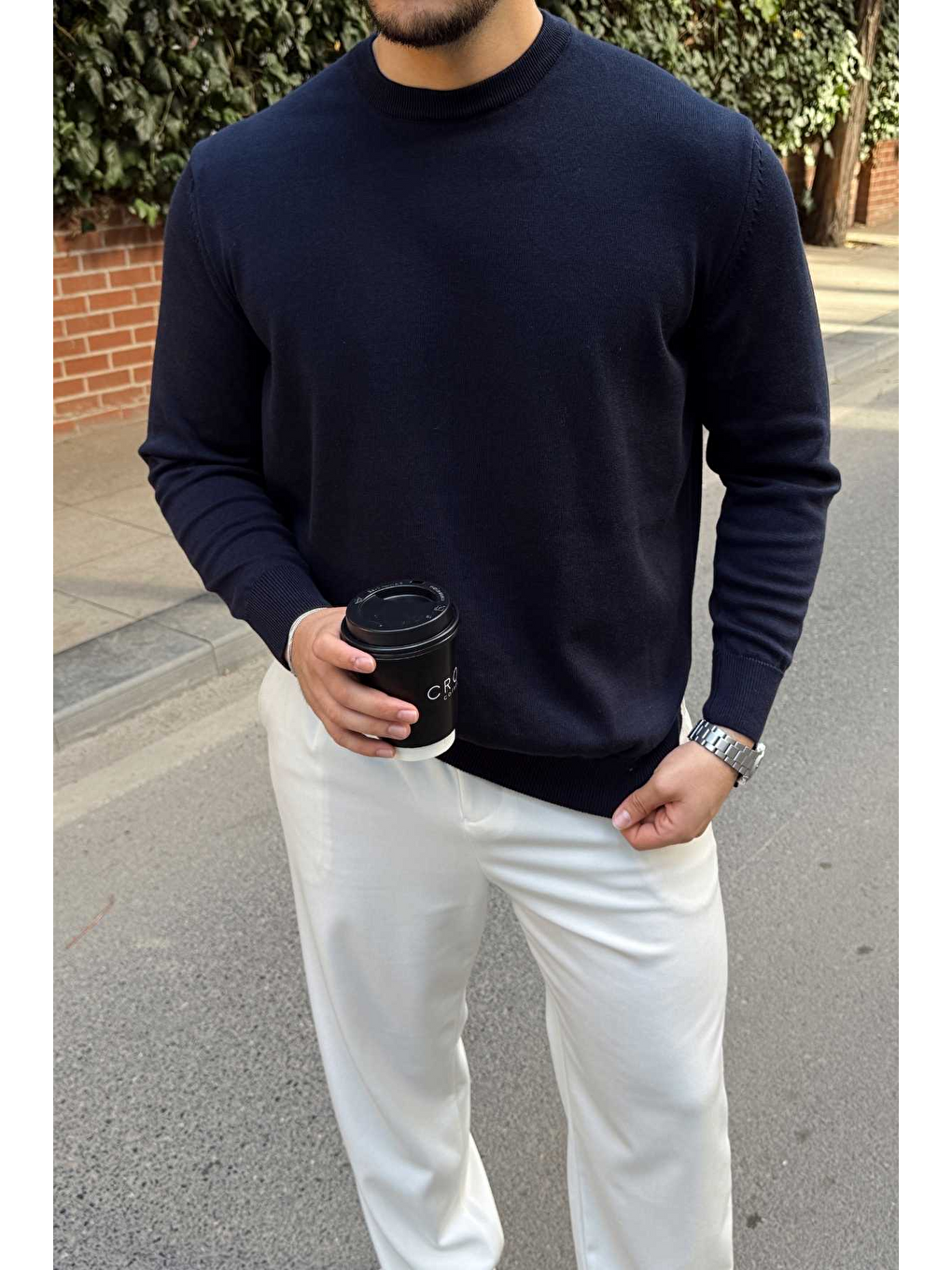 Lacivert Acton Erkek %100 Organik Pamuk Bisiklet Yaka Triko Kazak-2