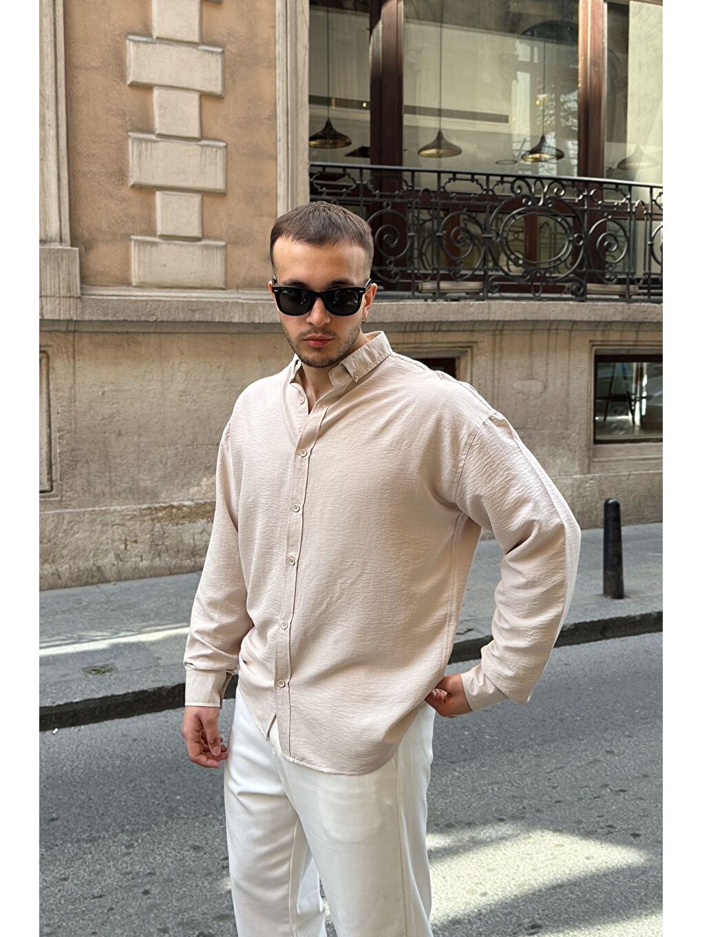 Bej Zoro Erkek Extra Soft Keten Görünümlü Gömlek Uzun Kollu, Hafif Dokulu-2