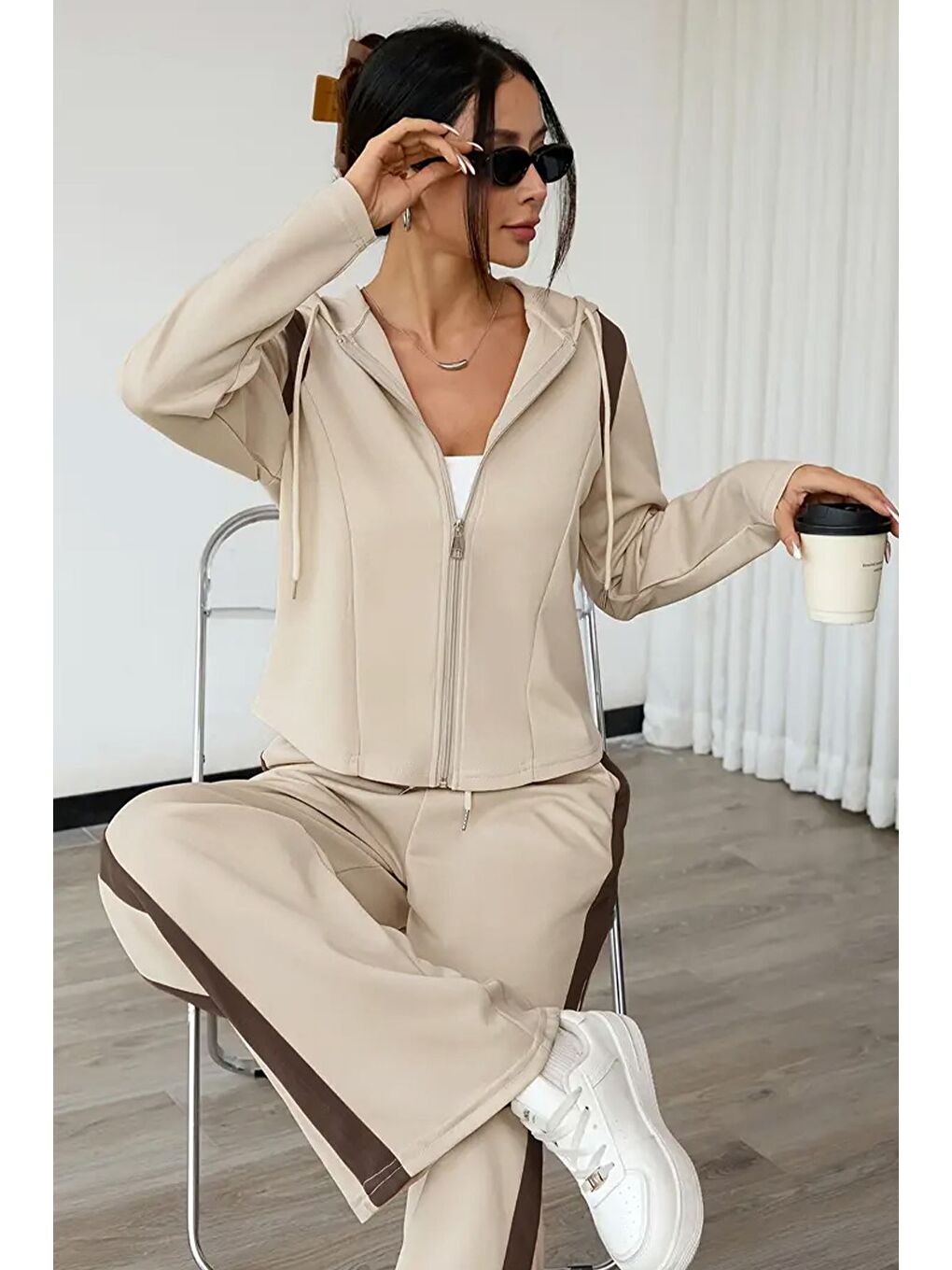 Bej Kadın Şerit Detaylı Kapüşonlu Sweat Bel Lastikli Palazzo Pantolon İkili Takım-3