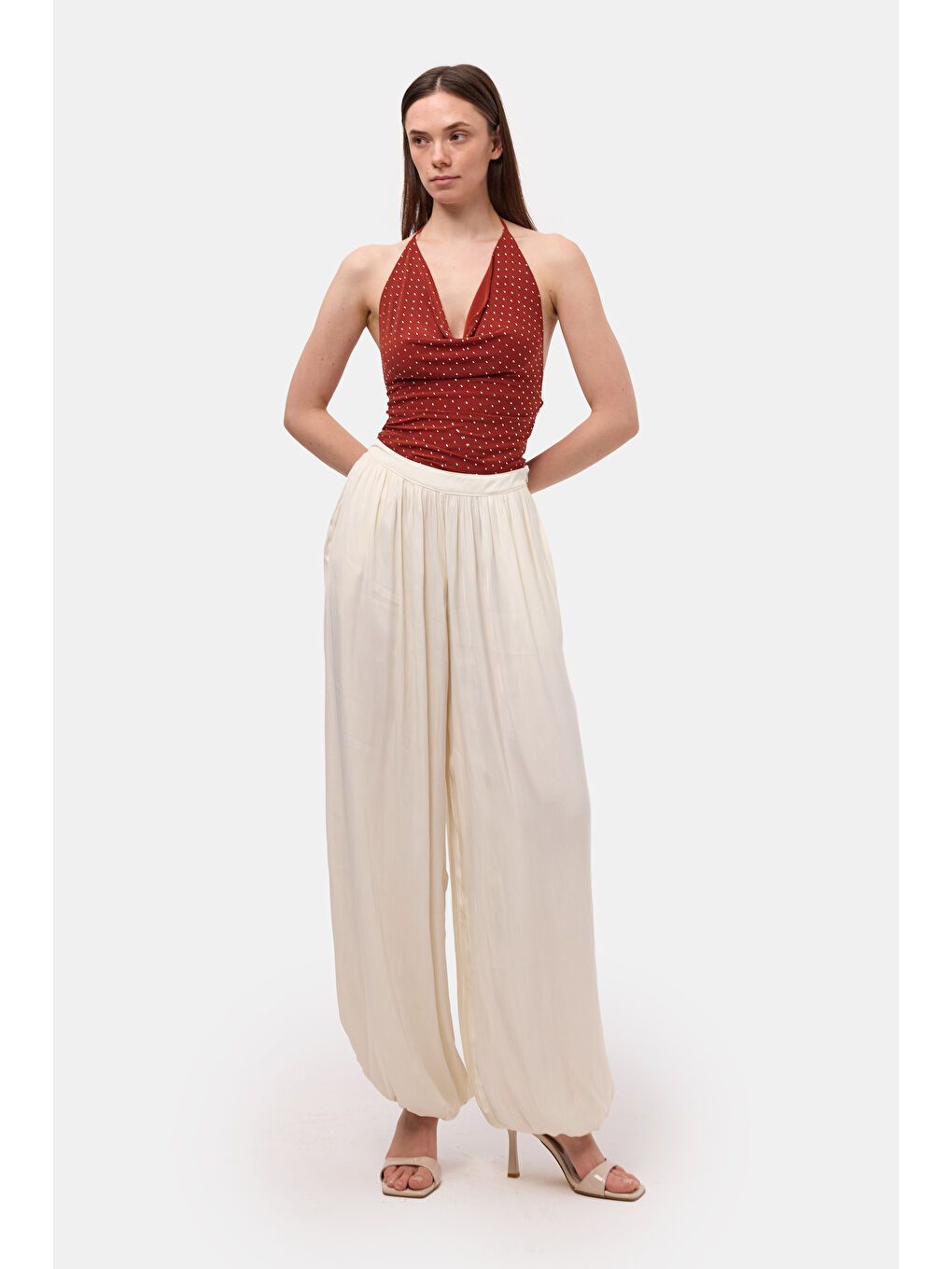 Kadın Kırık Beyaz s6-101 Süper Bol Kesim Baggy Fit Özel Kumaş Tasarım Pantolon-2