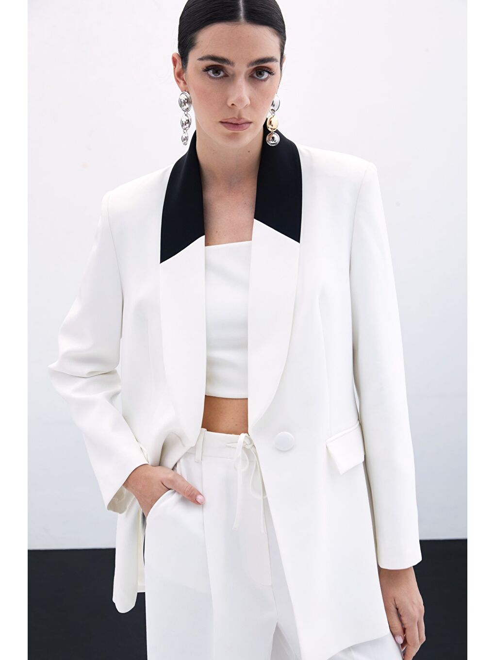 Kontrast Uzun Ceket - Ekru-1