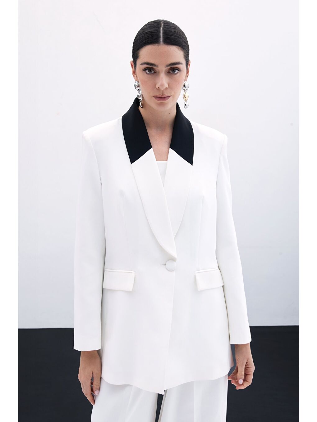 Kontrast Uzun Ceket - Ekru-2