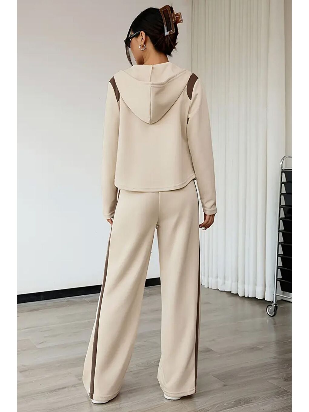 Bej Kadın Şerit Detaylı Kapüşonlu Sweat Bel Lastikli Palazzo Pantolon İkili Takım-4
