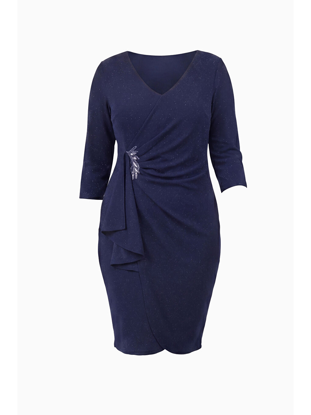 Kadın Lacivert V Yaka Simli Midi Büyük Beden Abiye Elbise-6