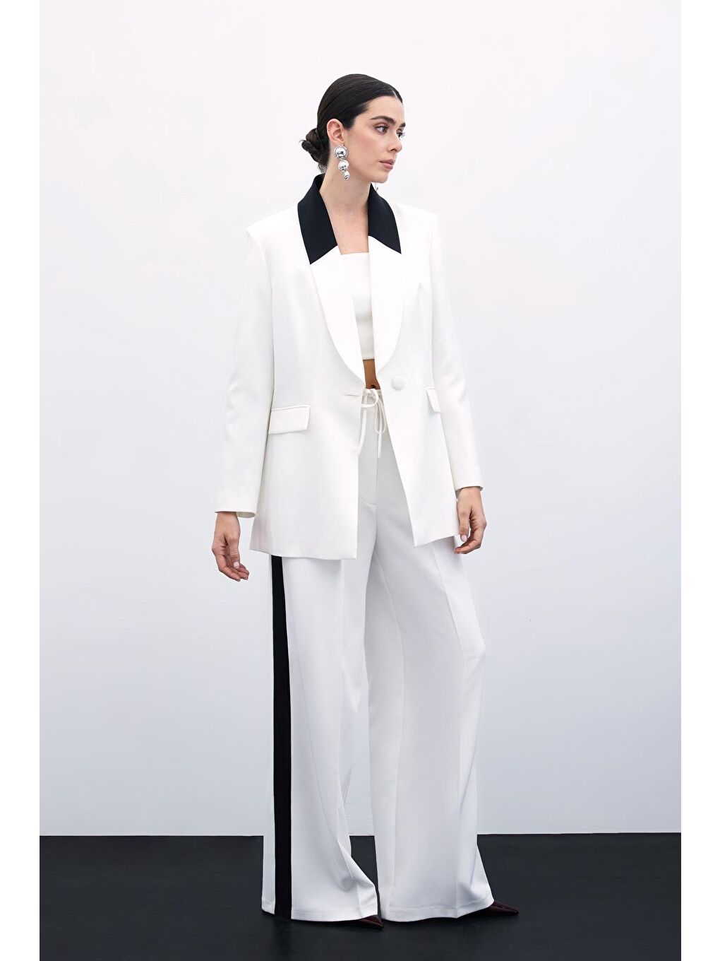 Kontrast Uzun Ceket - Ekru-3