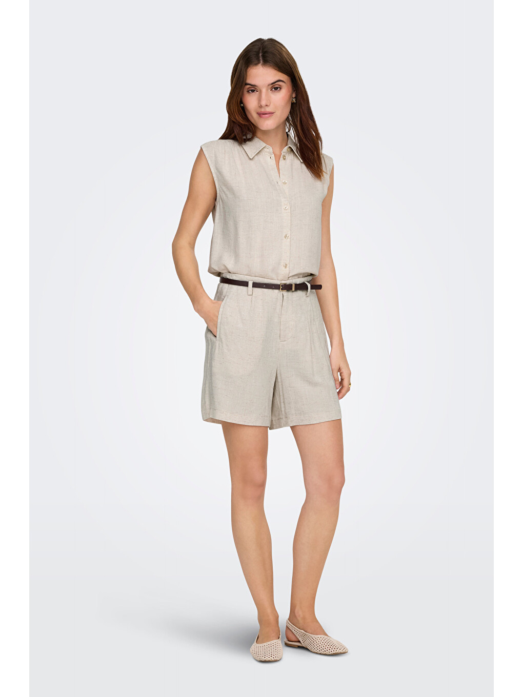 Bej Onlsiesta Keten Karışımlı Regular Fit Kemer Detaylı Short 15367413-1