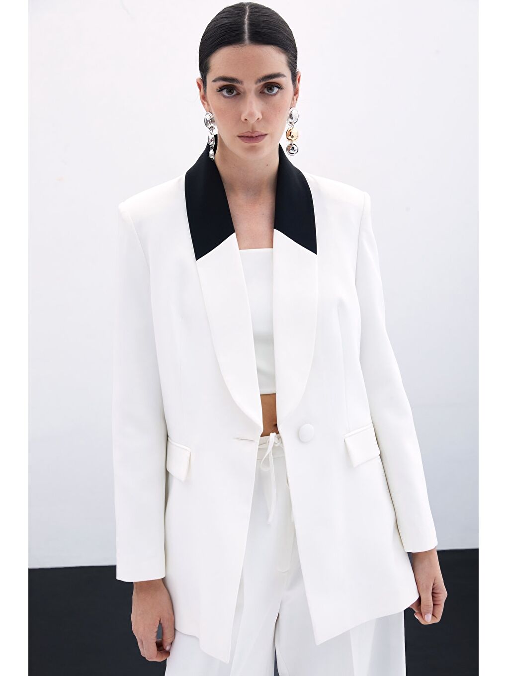 Kontrast Uzun Ceket - Ekru-4