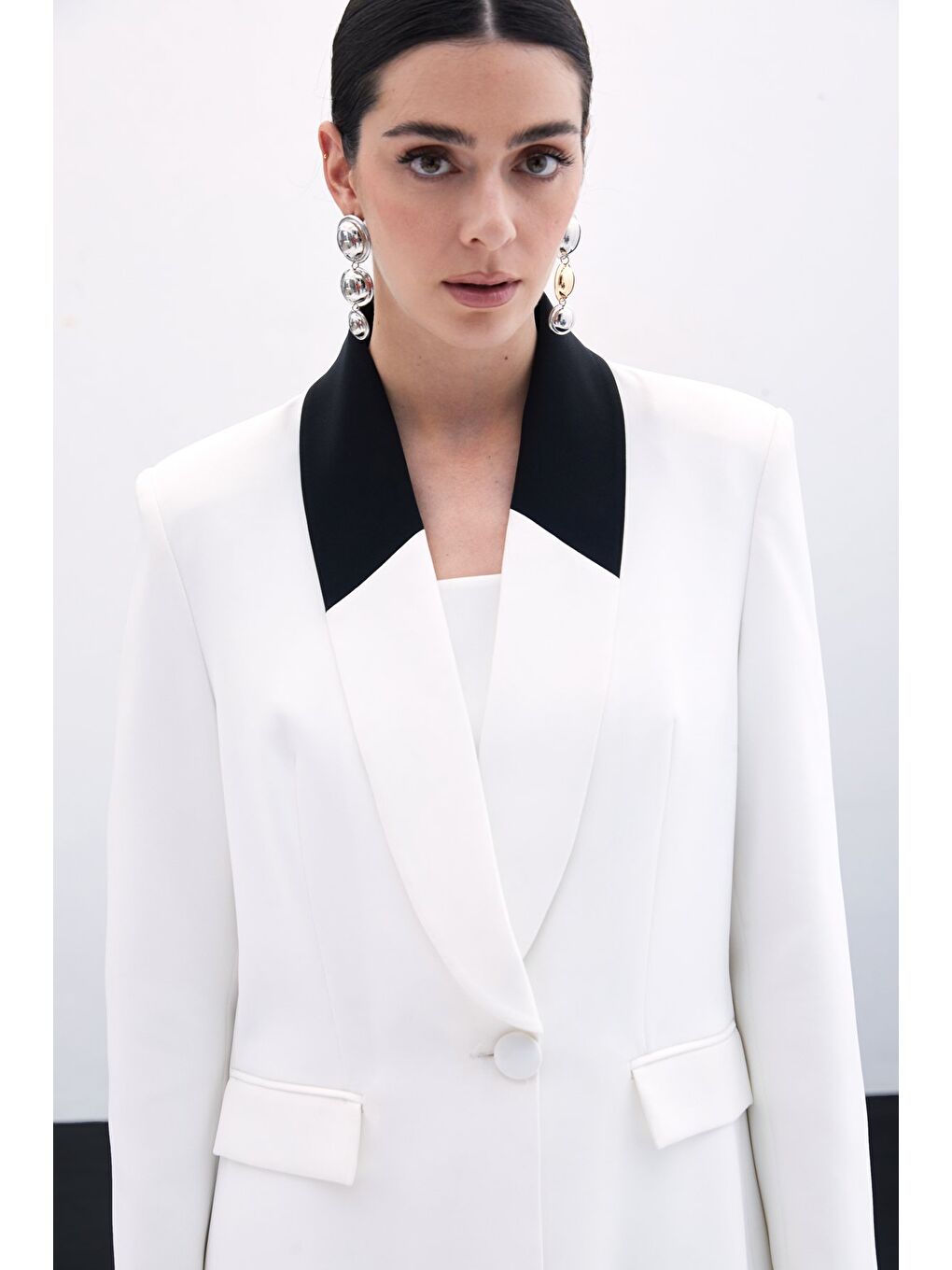 Kontrast Uzun Ceket - Ekru-5