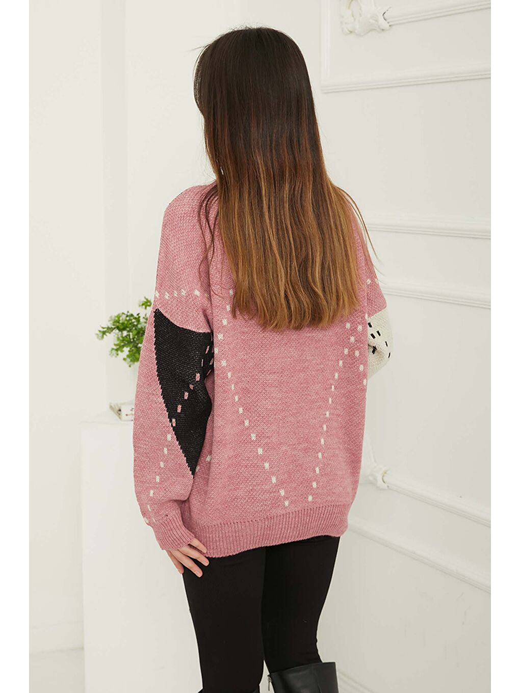 Baklava Desen Triko Kazak Beyaz Pembe - 27671-5