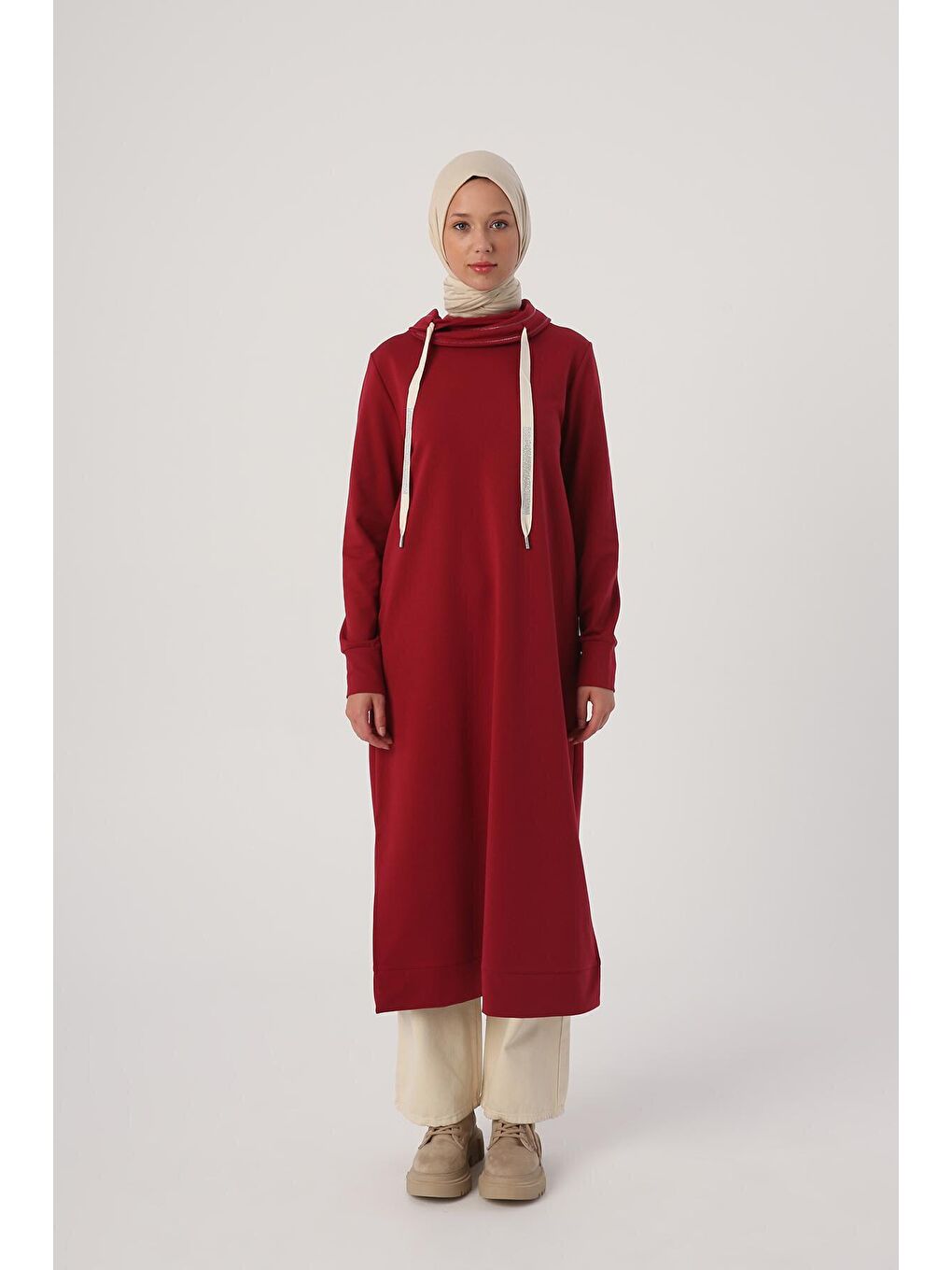 Koyu Bordo Yakası Sim Dikişli Kordonlu Sweat Tunik-1