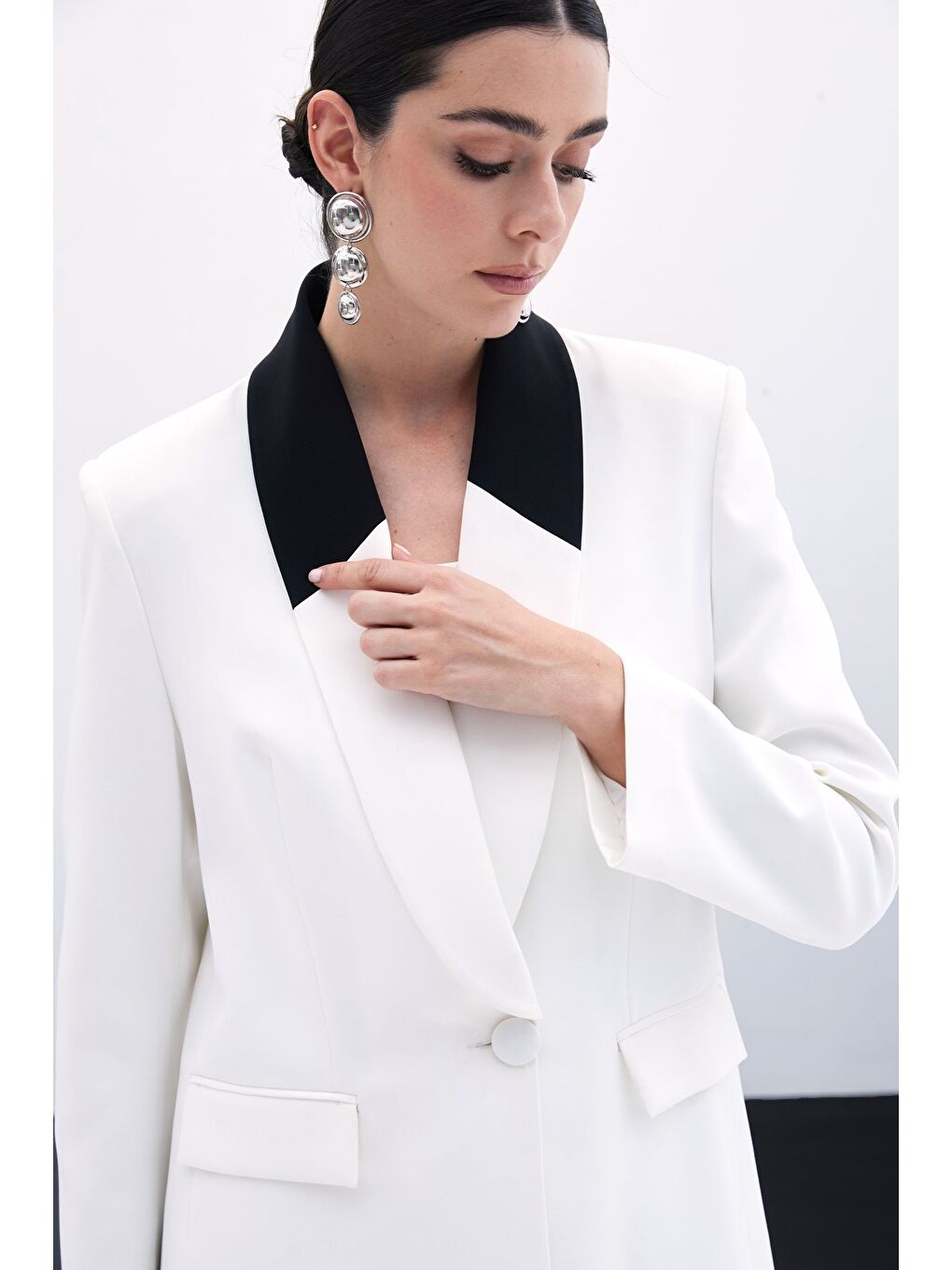 Kontrast Uzun Ceket - Ekru-6