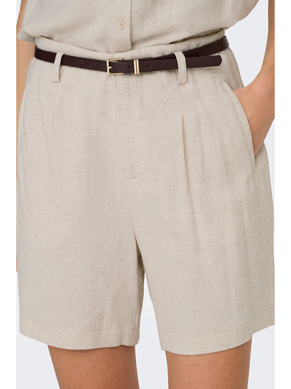 Bej Onlsiesta Keten Karışımlı Regular Fit Kemer Detaylı Short 15367413-2
