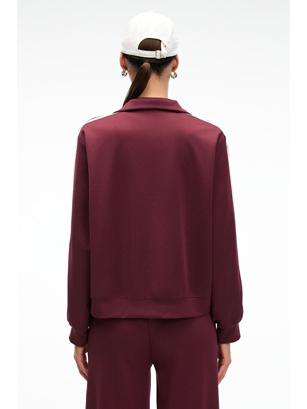 Zınnıe Kadın Regular Nakış Ve Yan Şerit Detaylı Metal Fermuarlı Dik Yaka Bordo Sweatshirt-7
