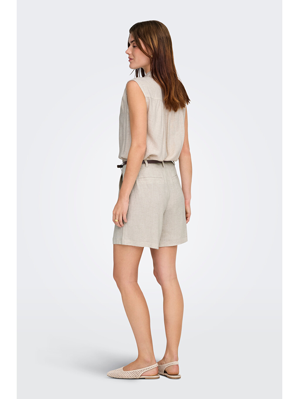 Bej Onlsiesta Keten Karışımlı Regular Fit Kemer Detaylı Short 15367413-3