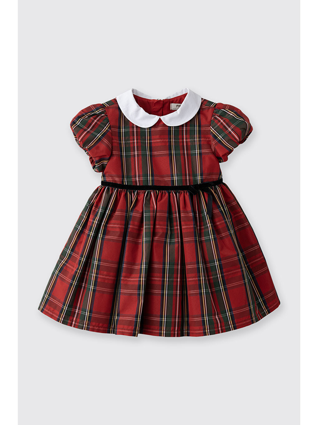 Kız Bebek Bebe Yaka Fiyonk Detaylı Kısa Kollu Ekoseli Kırmızı Parti Elbisesi