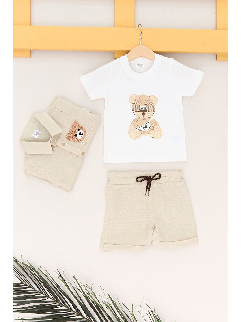 Bej %100 Pamuk Ayıcık Nakışlı Şortlu 3 Lü Erkek Çocuk Takım-2