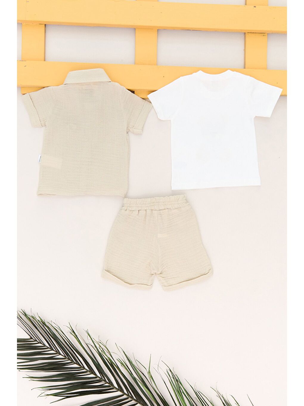 Bej %100 Pamuk Ayıcık Nakışlı Şortlu 3 Lü Erkek Çocuk Takım-3