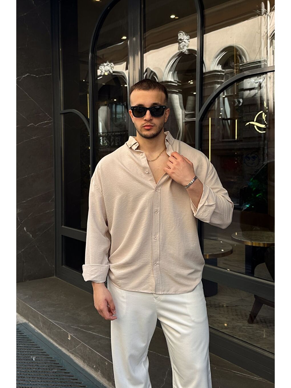 Bej Zoro Erkek Extra Soft Keten Görünümlü Gömlek Uzun Kollu, Hafif Dokulu-5