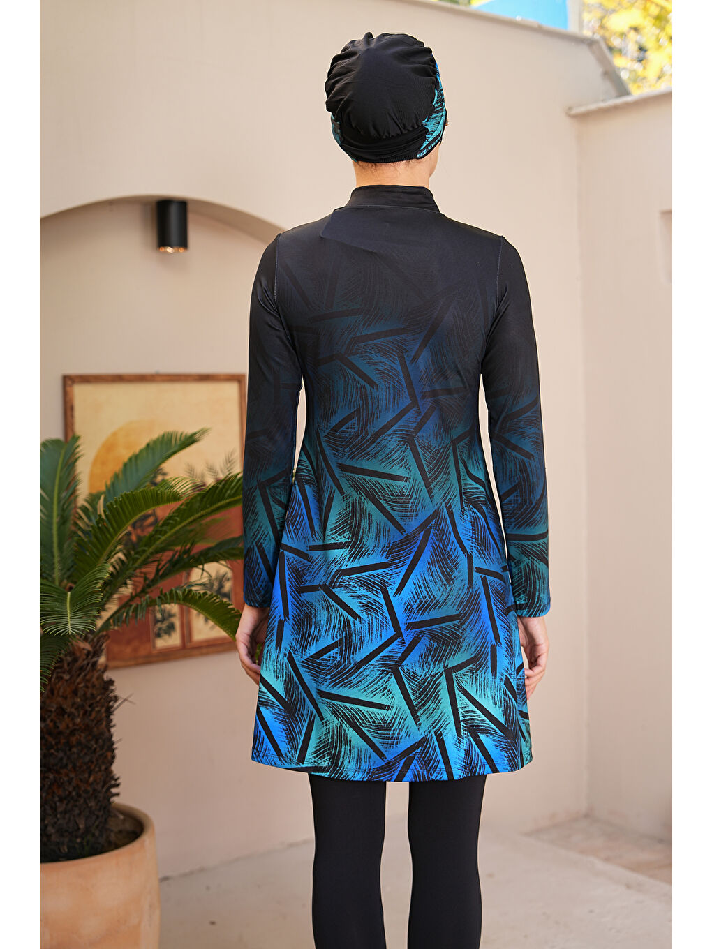 Siyah Dijital Baskılı Taytlı Kapalı Tesettür Mayo 3765-4