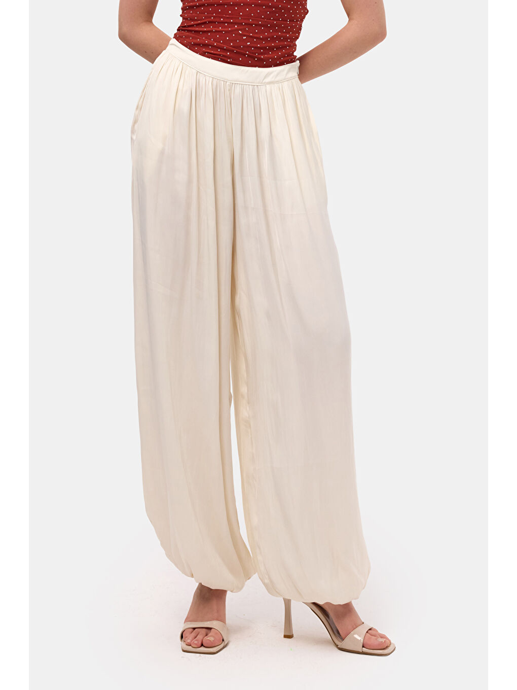 Kadın Kırık Beyaz s6-101 Süper Bol Kesim Baggy Fit Özel Kumaş Tasarım Pantolon-4