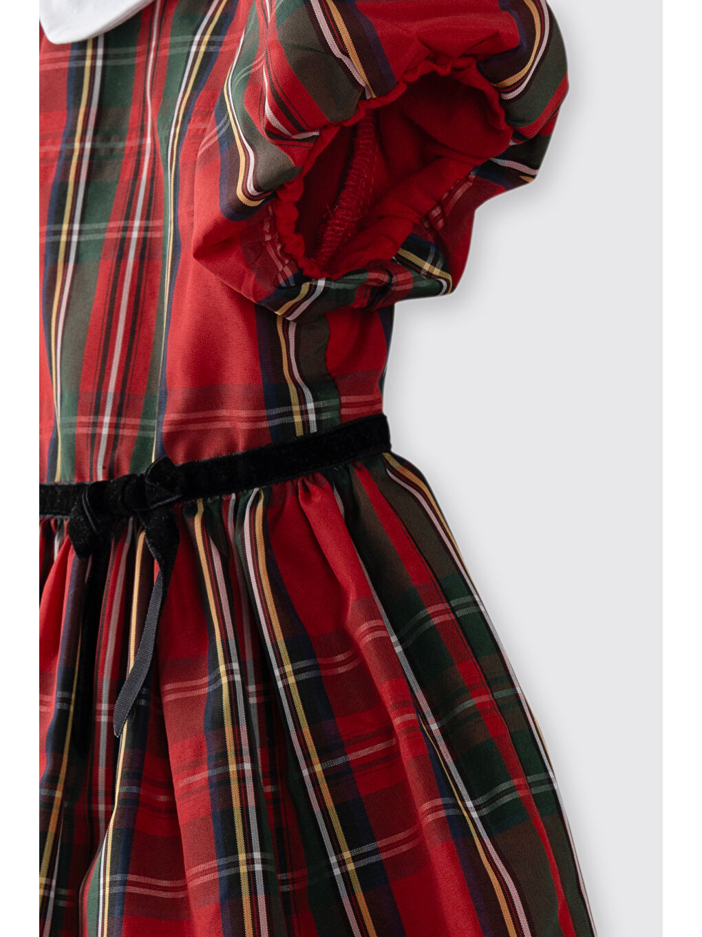 Kız Bebek Bebe Yaka Fiyonk Detaylı Kısa Kollu Ekoseli Kırmızı Parti Elbisesi-1