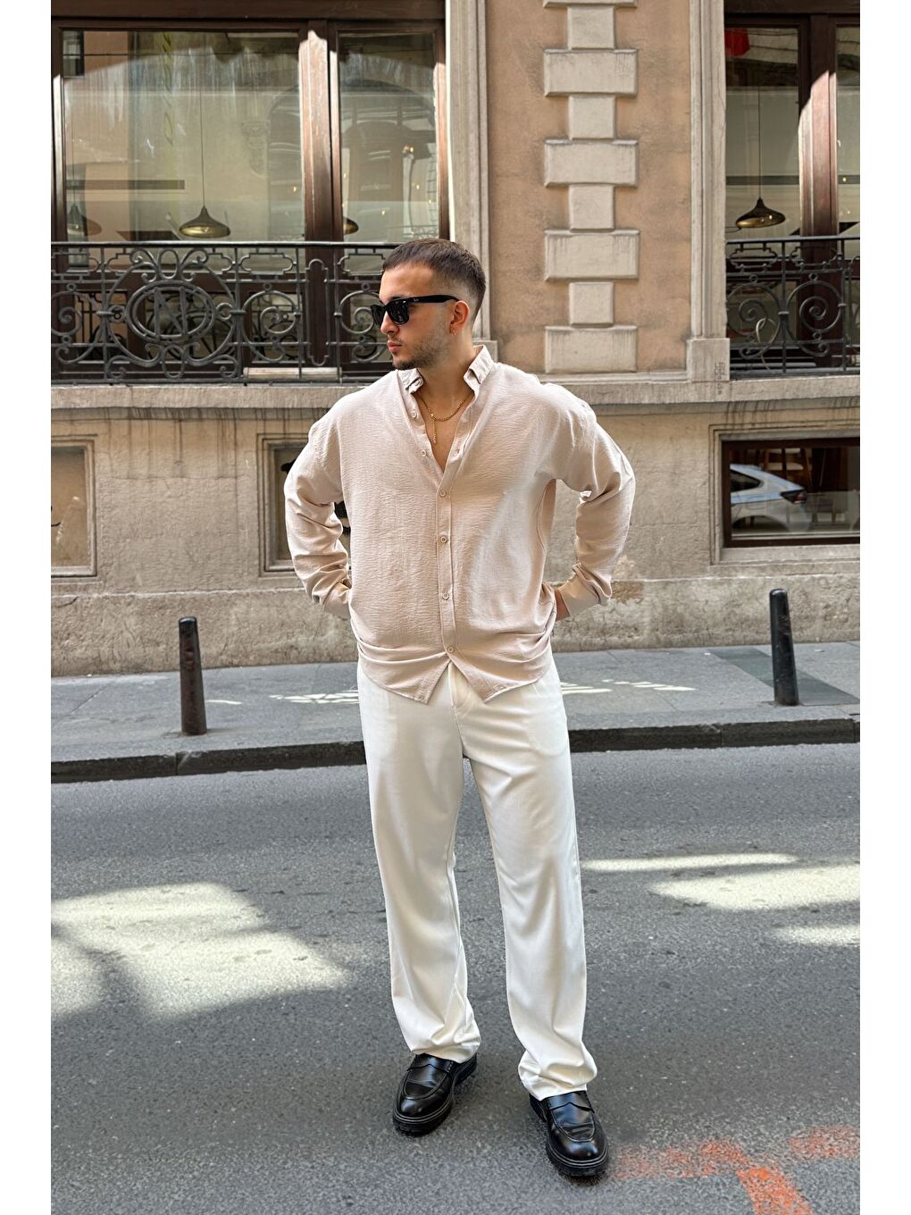 Bej Zoro Erkek Extra Soft Keten Görünümlü Gömlek Uzun Kollu, Hafif Dokulu-6