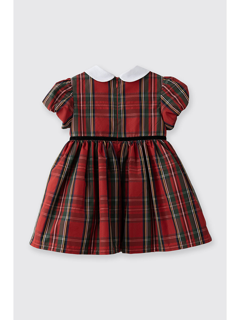 Kız Bebek Bebe Yaka Fiyonk Detaylı Kısa Kollu Ekoseli Kırmızı Parti Elbisesi-2