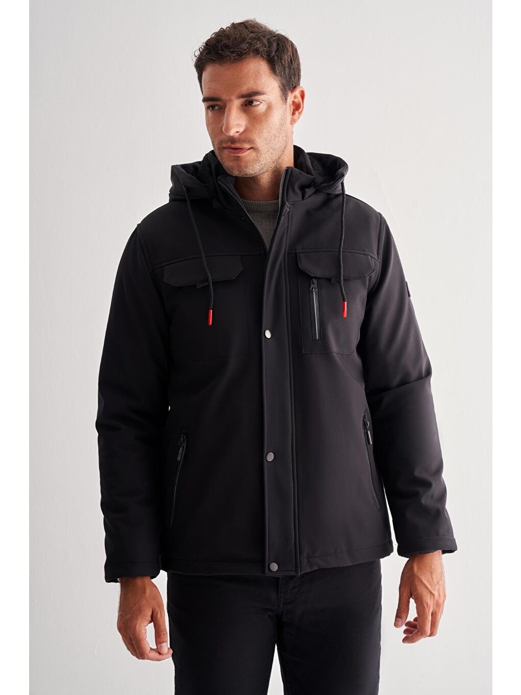 Siyah Dik Yaka Çıkma Kapüşonlu Slim Fit Casual Mont 1007255131