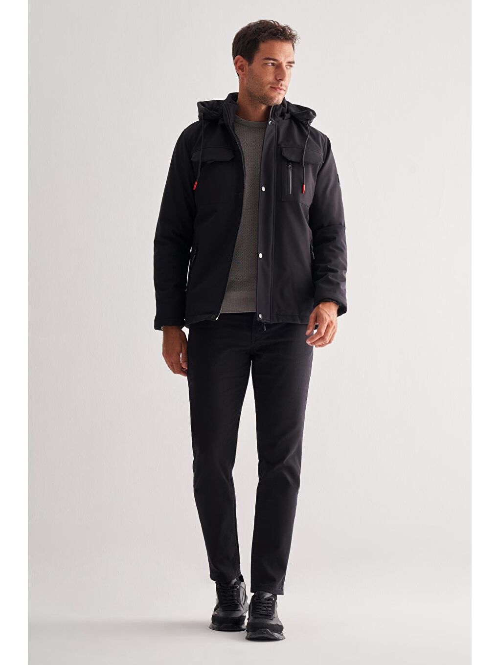 Siyah Dik Yaka Çıkma Kapüşonlu Slim Fit Casual Mont 1007255131-1