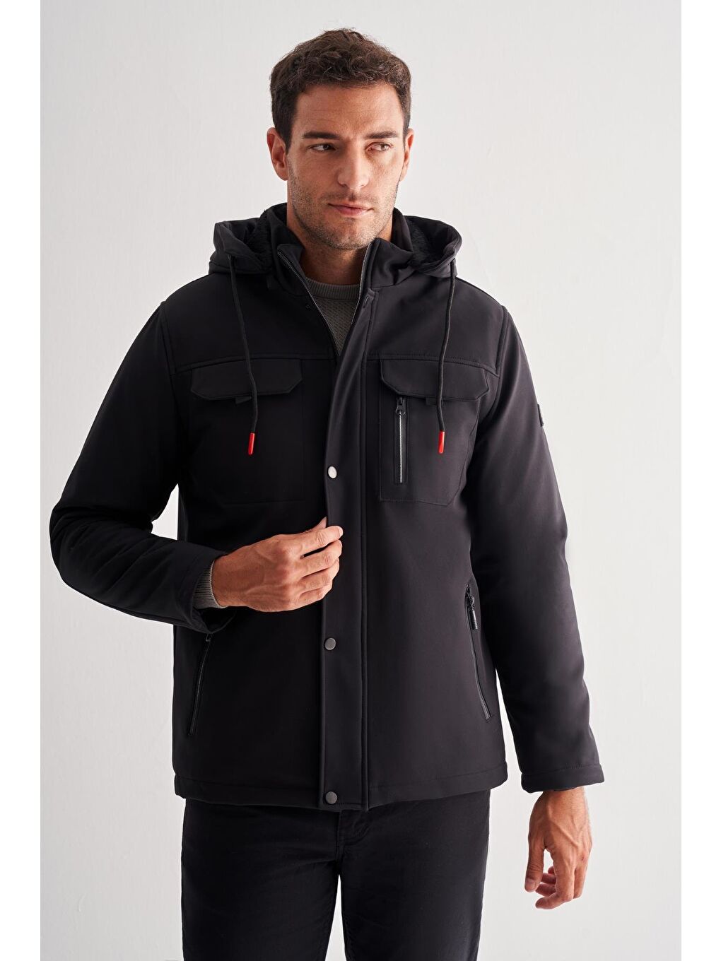 Siyah Dik Yaka Çıkma Kapüşonlu Slim Fit Casual Mont 1007255131-2