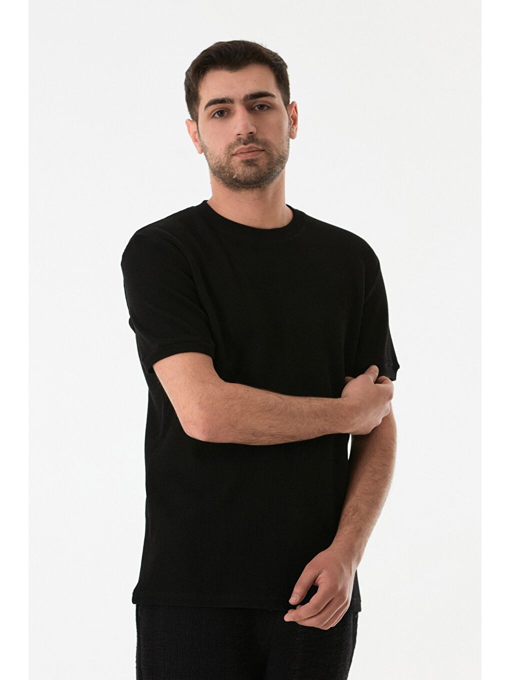 Siyah Waffle Kumaş Bisiklet Yaka Tişört