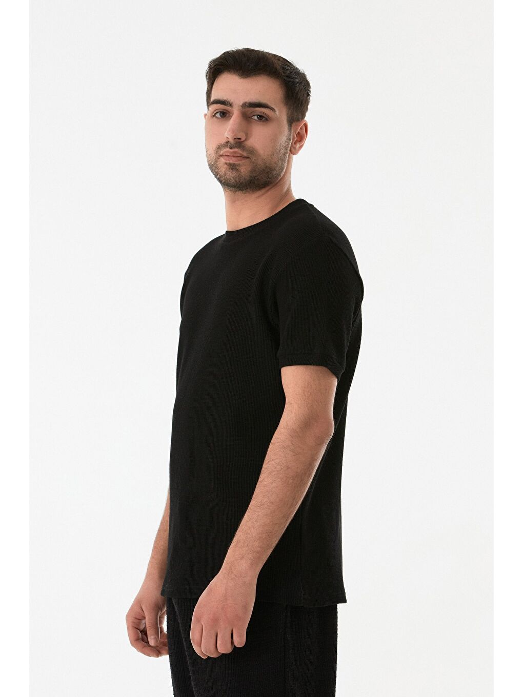 Siyah Waffle Kumaş Bisiklet Yaka Tişört-2