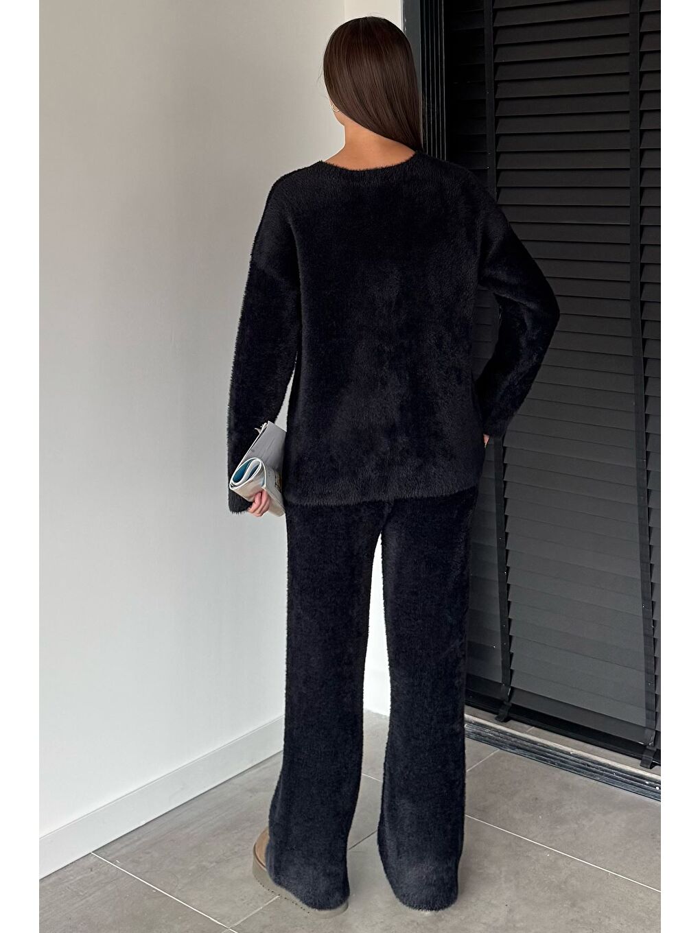 Siyah Kadın Sakallı Yumoş İplik Kazak Pantolon Triko İkili Takım-3