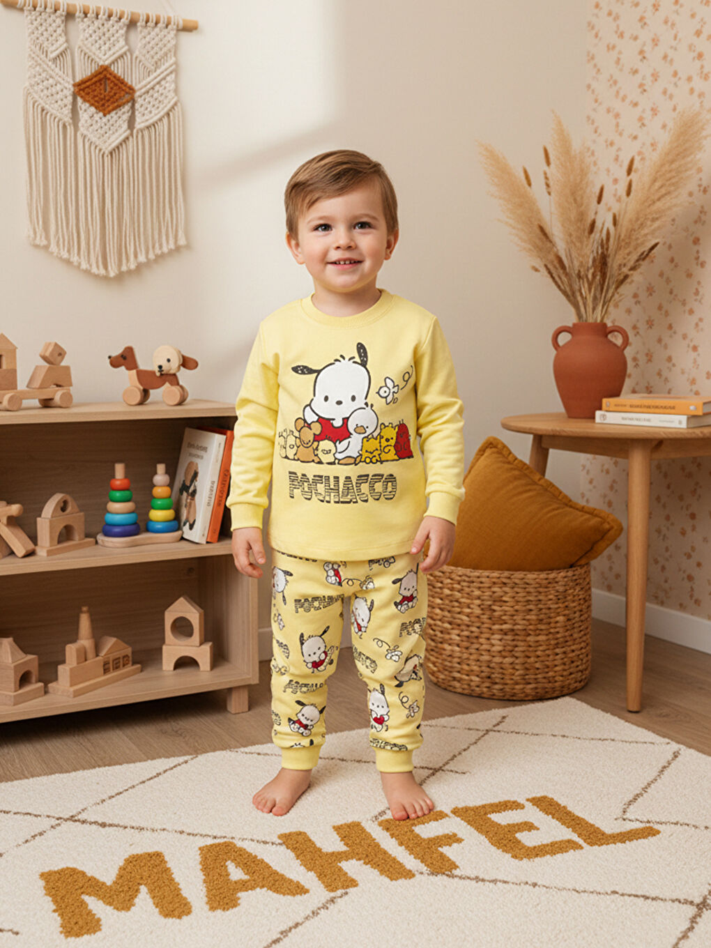 %100 Pamuklu Sarı Yavru Köpekli Çocuk Pijama Takımı 1-6 Yaş-1