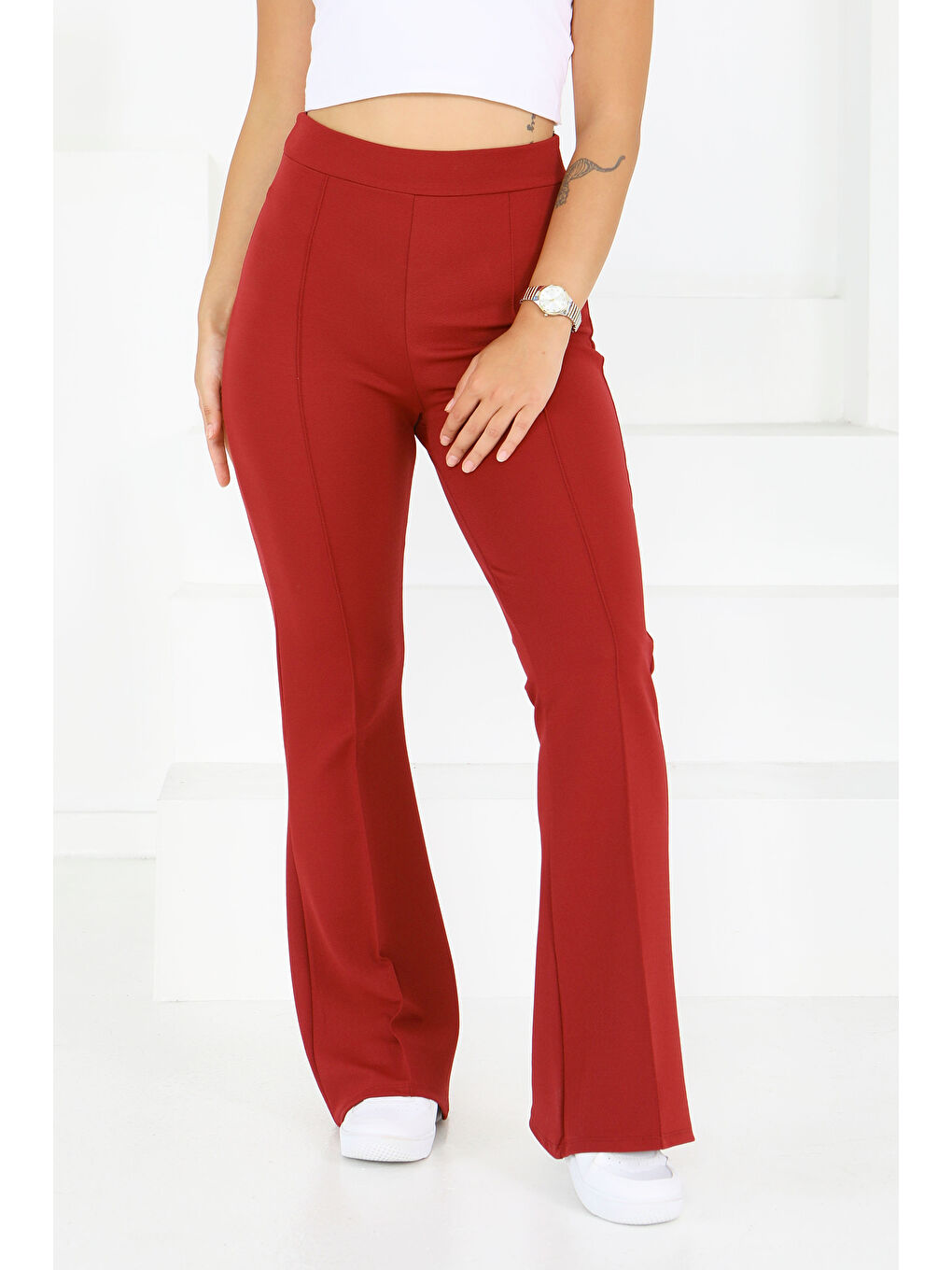 Çımalı İspanyol Paça Krep Pantolon Bordo - 27623-1