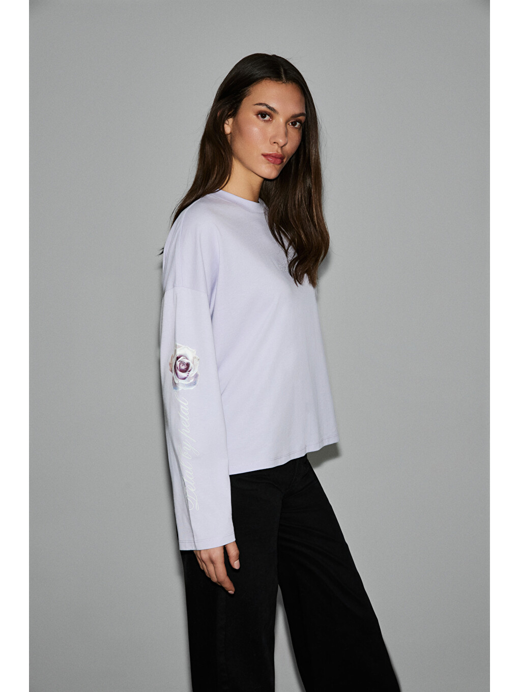 Lila CIANELLE Kadın Organik Pamuklu Bisiklet Yakalı Uzun Kollu Oversize LİLA T-Shirt-1