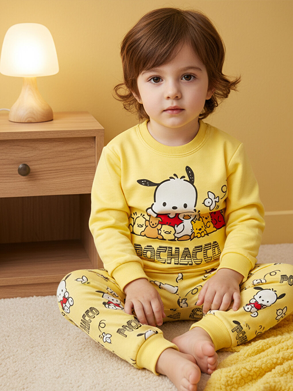 %100 Pamuklu Sarı Yavru Köpekli Çocuk Pijama Takımı 1-6 Yaş-2